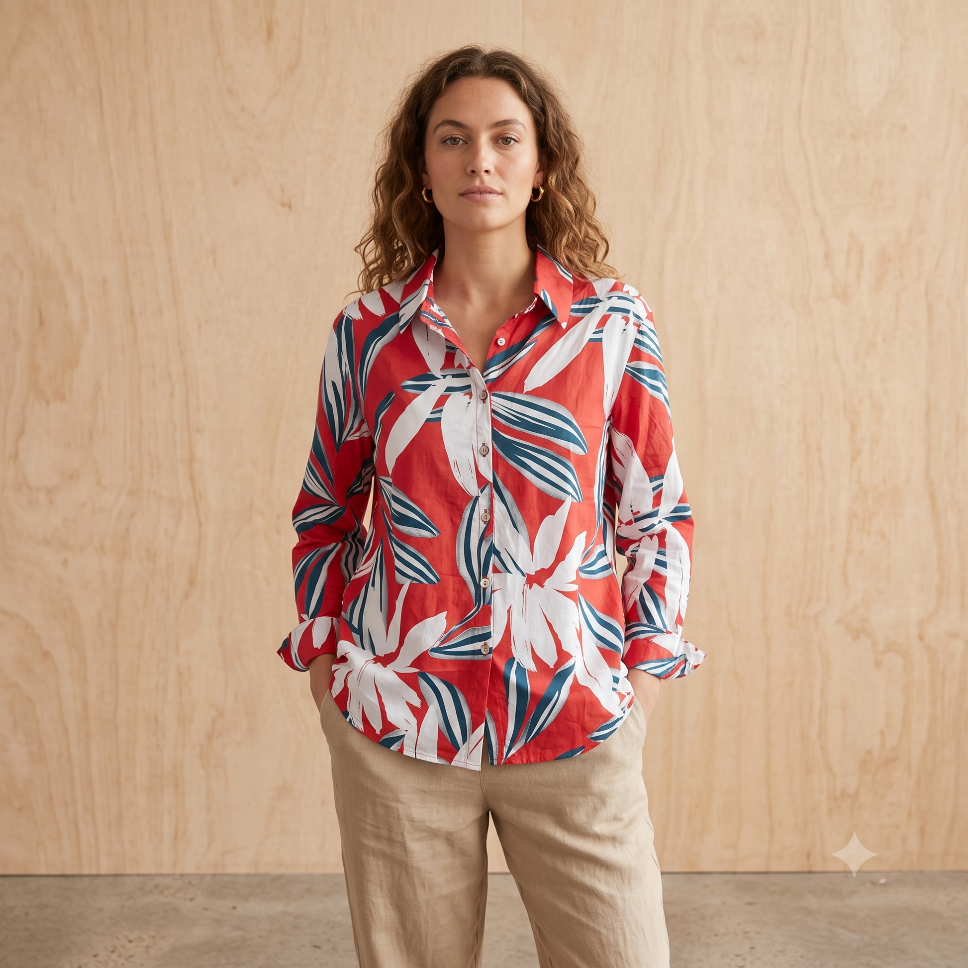 Light Long Sleeve with Buttons Viscose Shirt 67336 Red