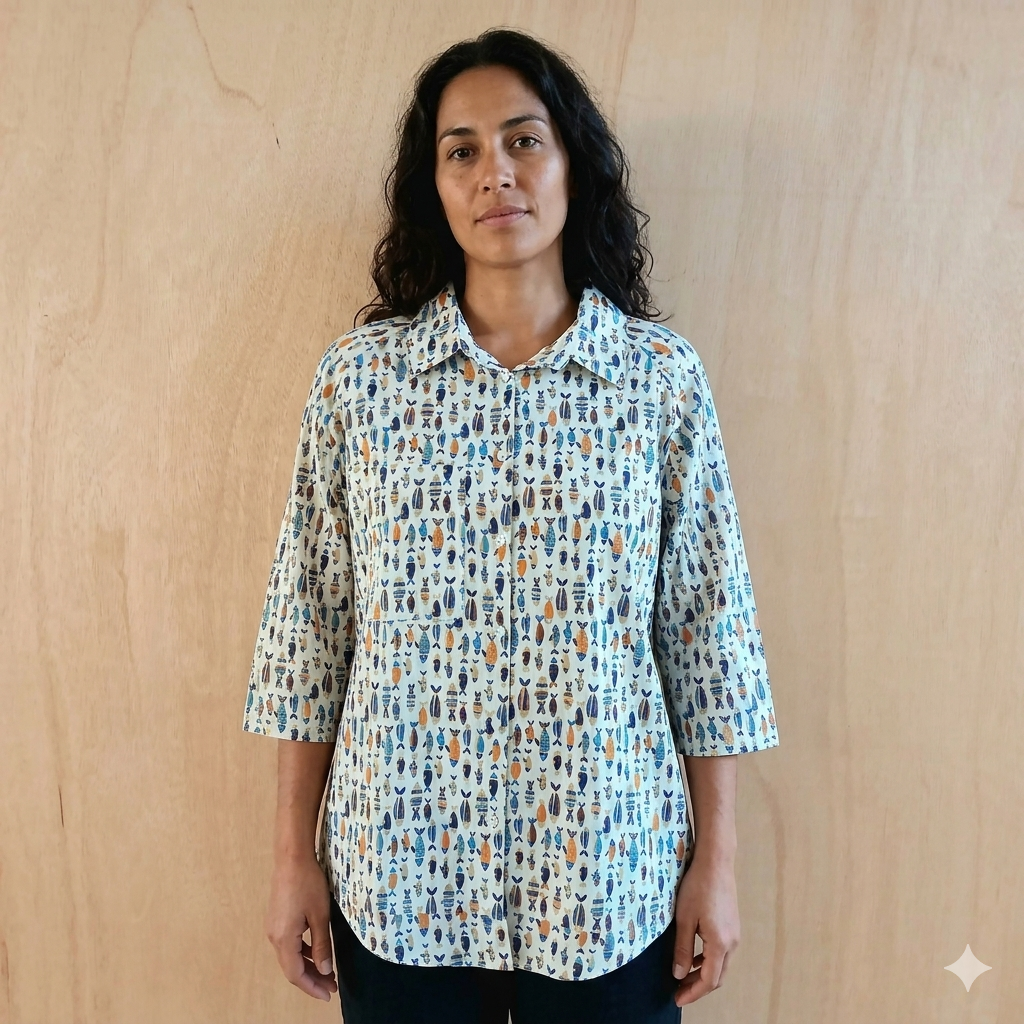 Short Sleeved Printed Cotton Shirt 67147 Fish Sample