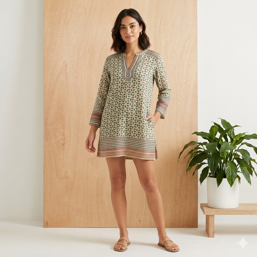 Hand Block Printed Cotton Kurta - Vert Fonce 63530