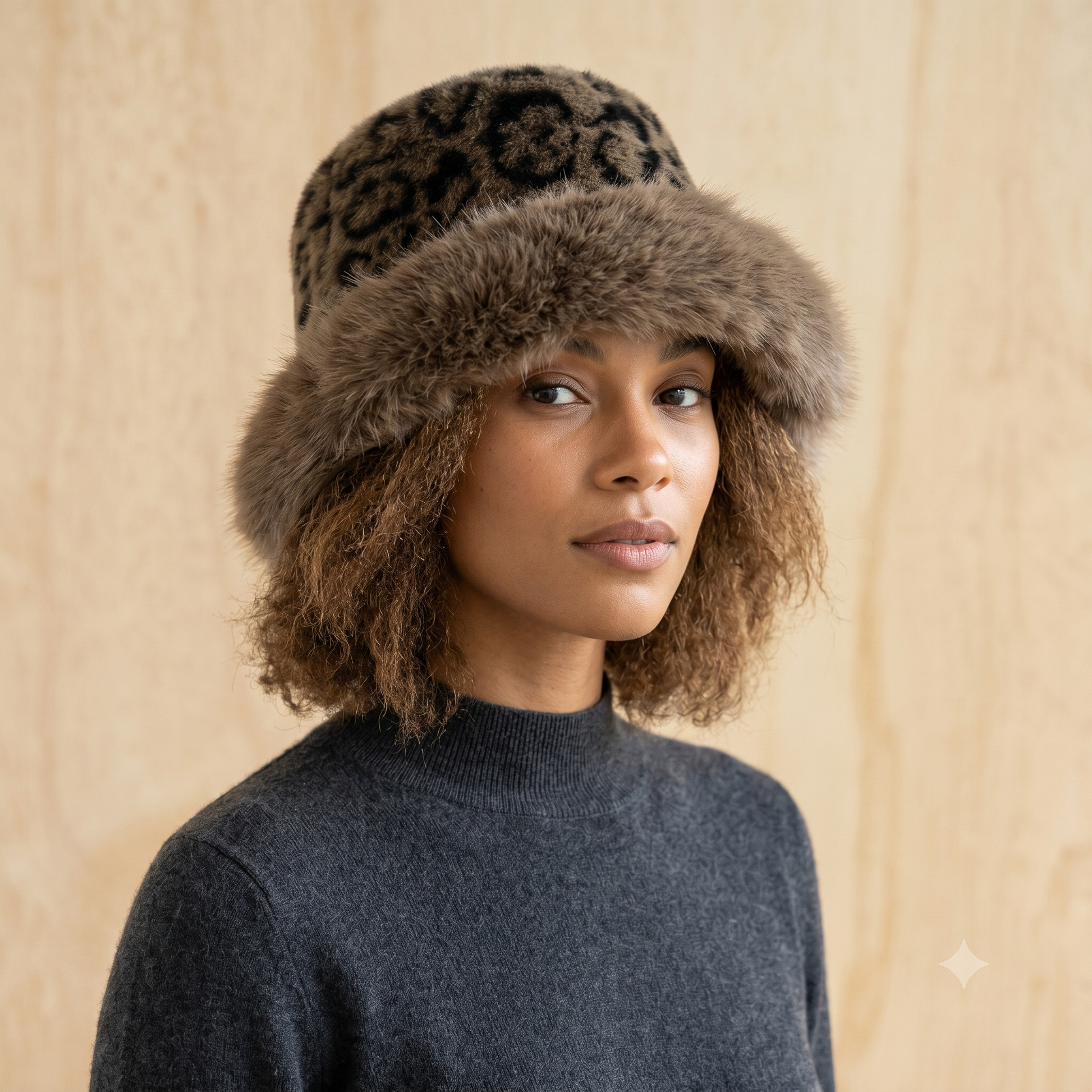 Faux Fur Leopard Bucket Hat with Fur Edge 7527