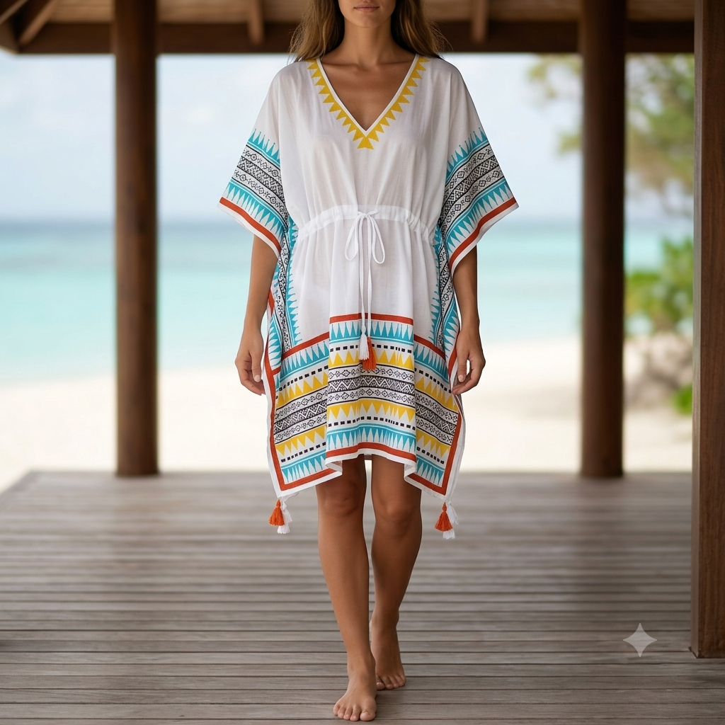 White, blue, yellow patterned Kaftan Cp1276k