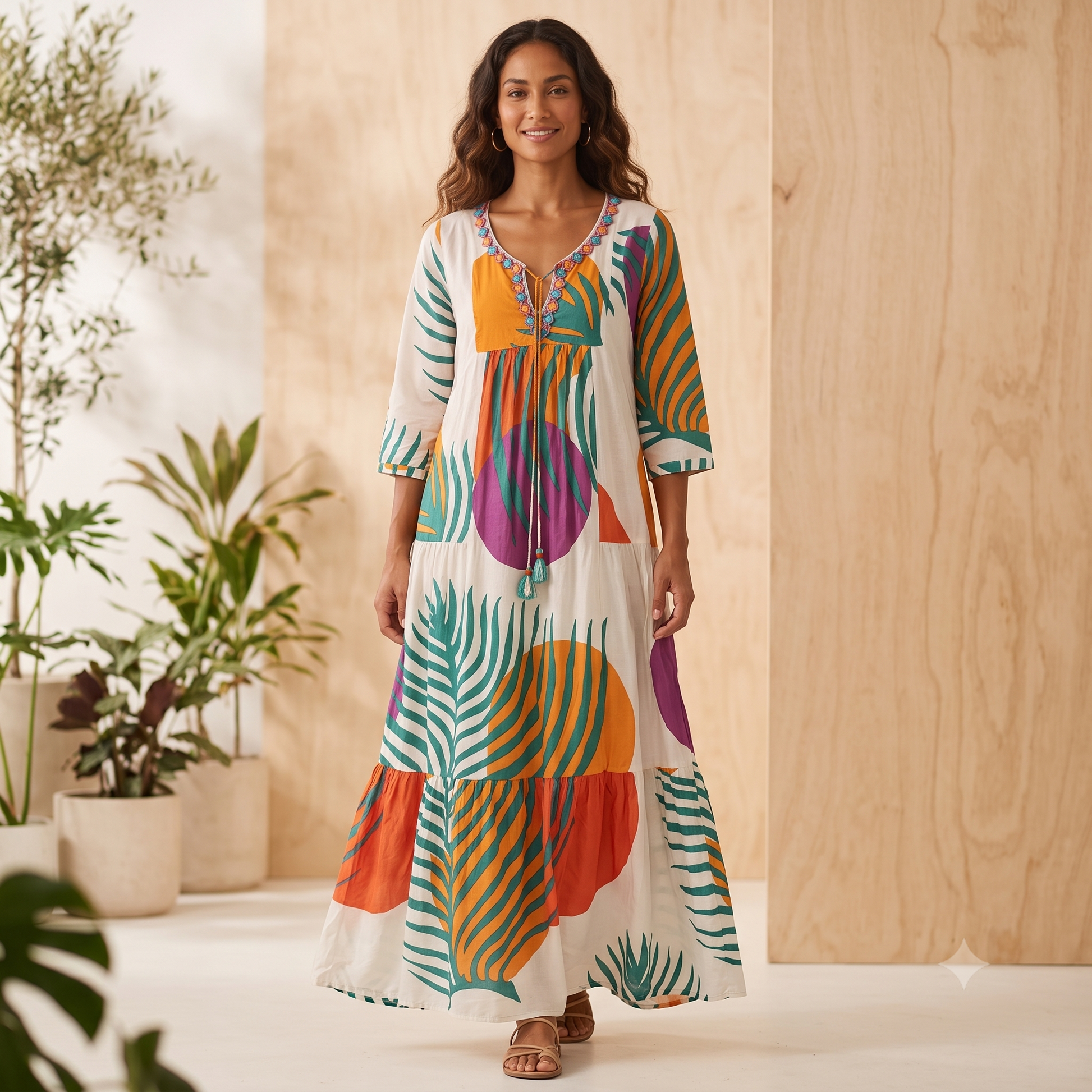 Long Cotton Dress With 3/4 Sleeves 64413 Bright