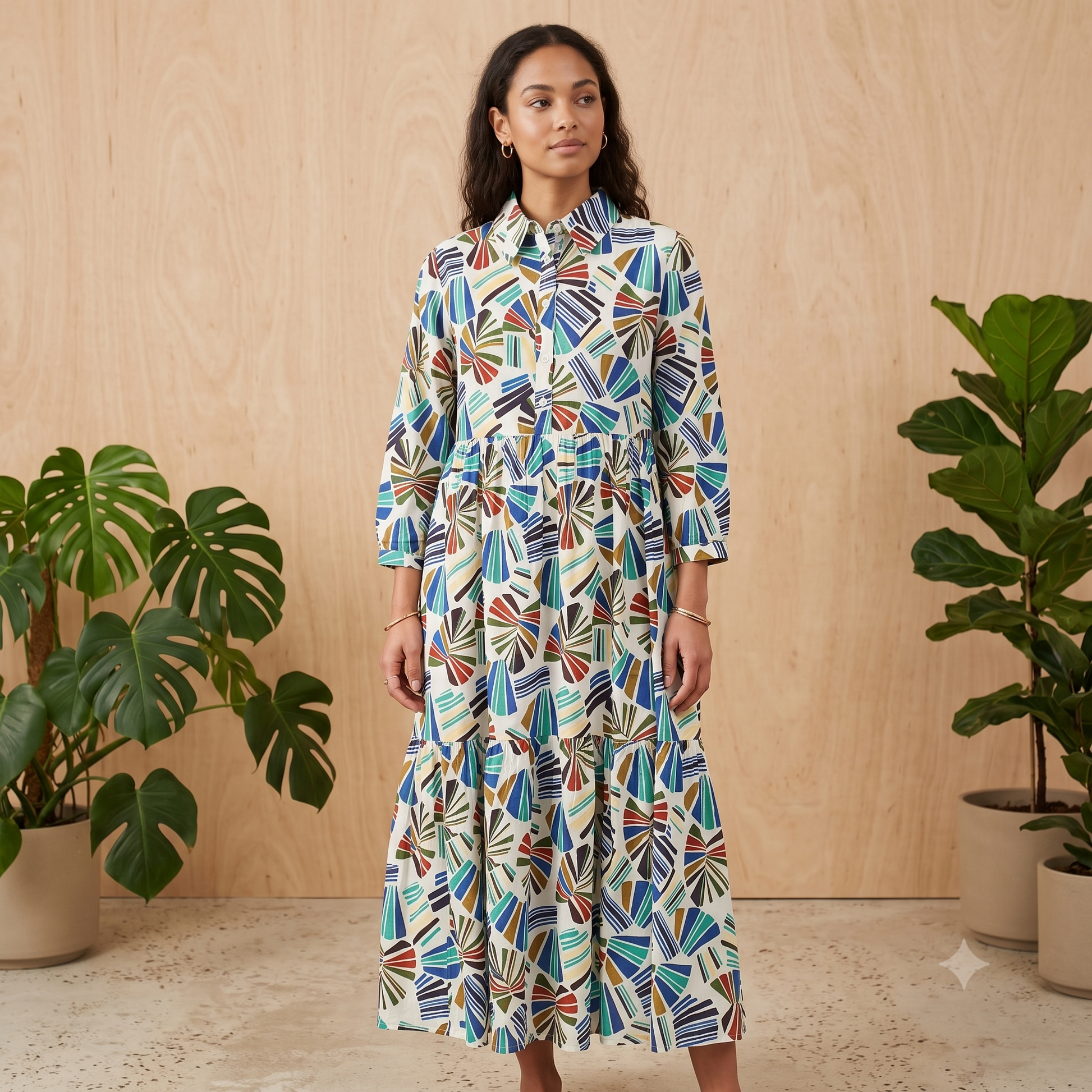 Mid Length 2 Layer Cotton Collared Dress 67150 Blue / Green