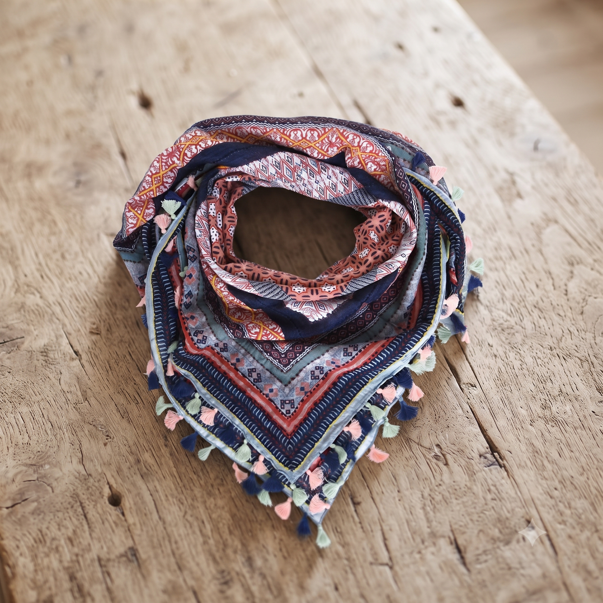 Cotton Square Embroidered Scarf with Pompom 46209