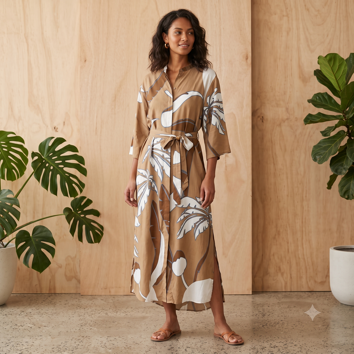 Long Viscose Summer Dress with Sleeves and Buttons 66988 Camel
