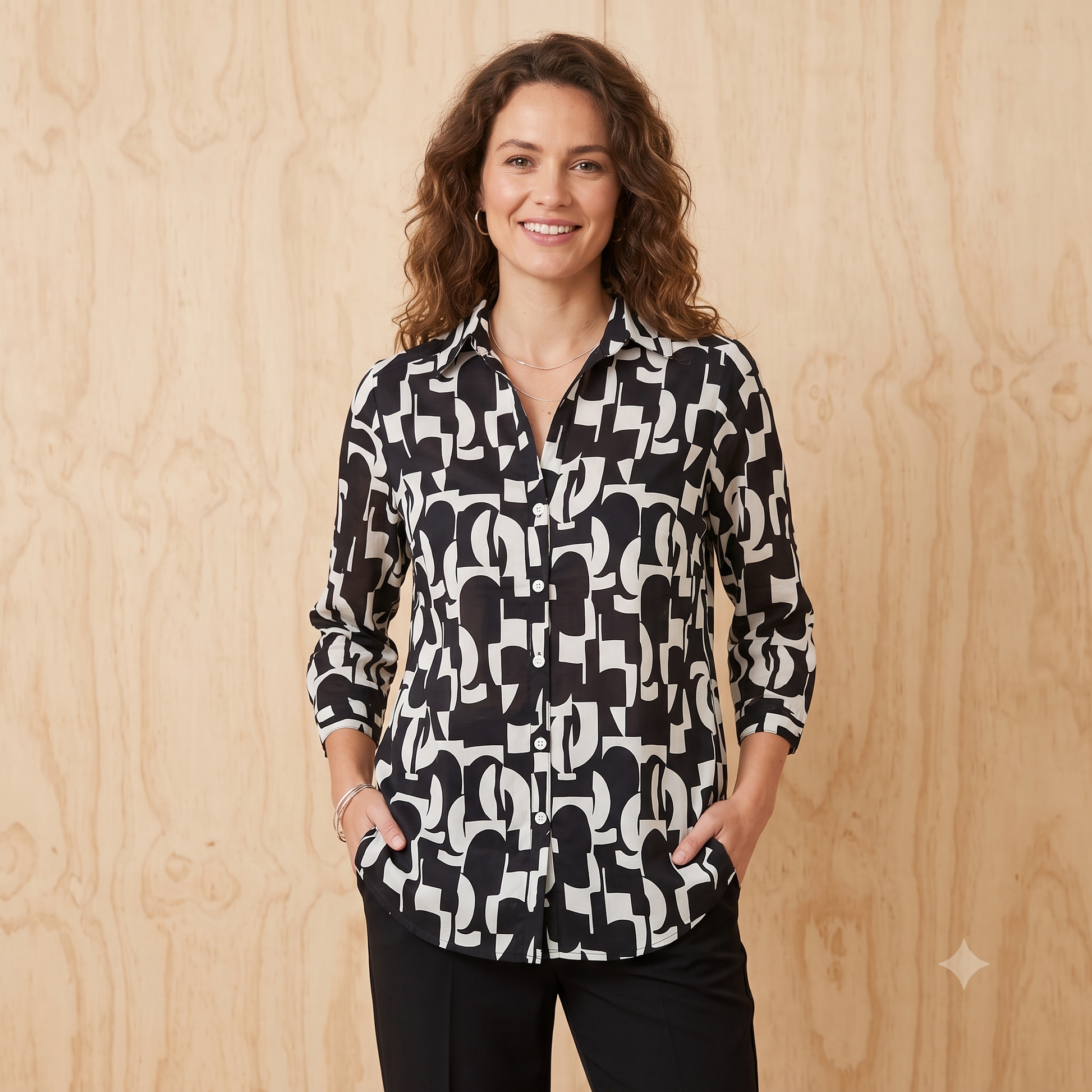 3/4 Sleeve 2 Col Print Cotton Shirt 65942