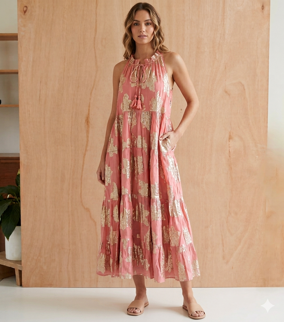 Long Cotton Pleated Collar Dress - Gold and Peach 64590