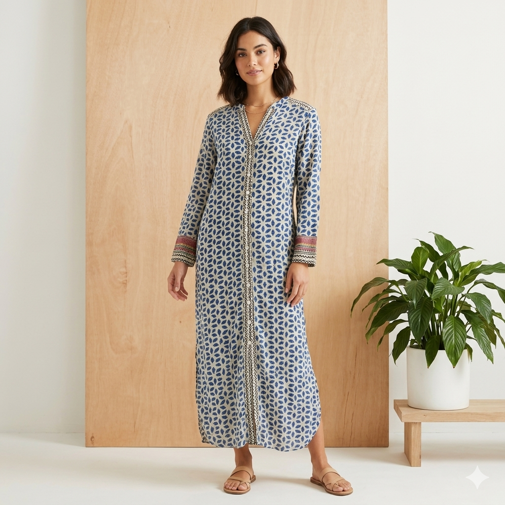Long Block Print Cotton Kurta - 64740 Blue Sample