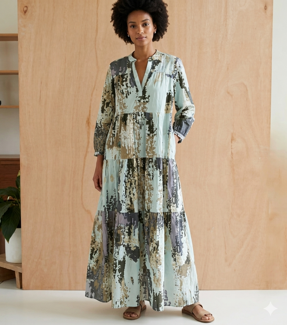 Long Cotton Dress with Collar - Vert Fonce 64569