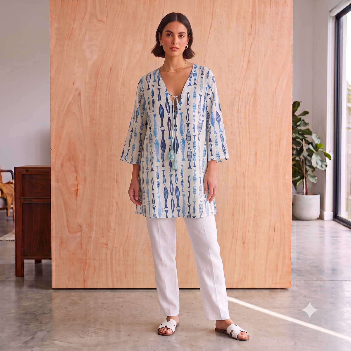 V-Neck Cotton Shirt with String 67145 Sardines