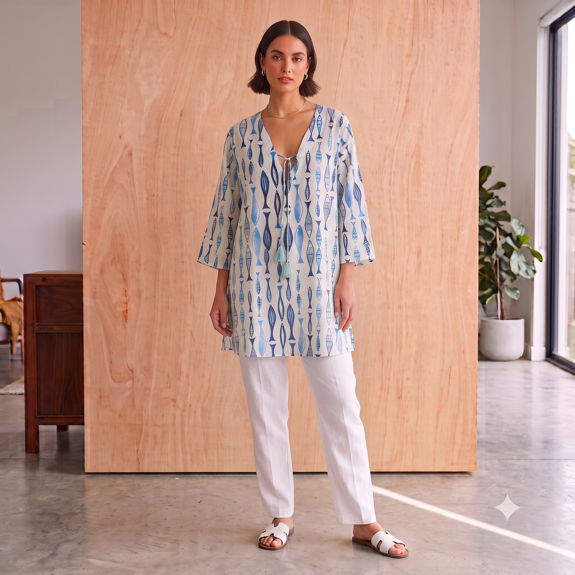 V-Neck Cotton Shirt with String 67145 Sardines