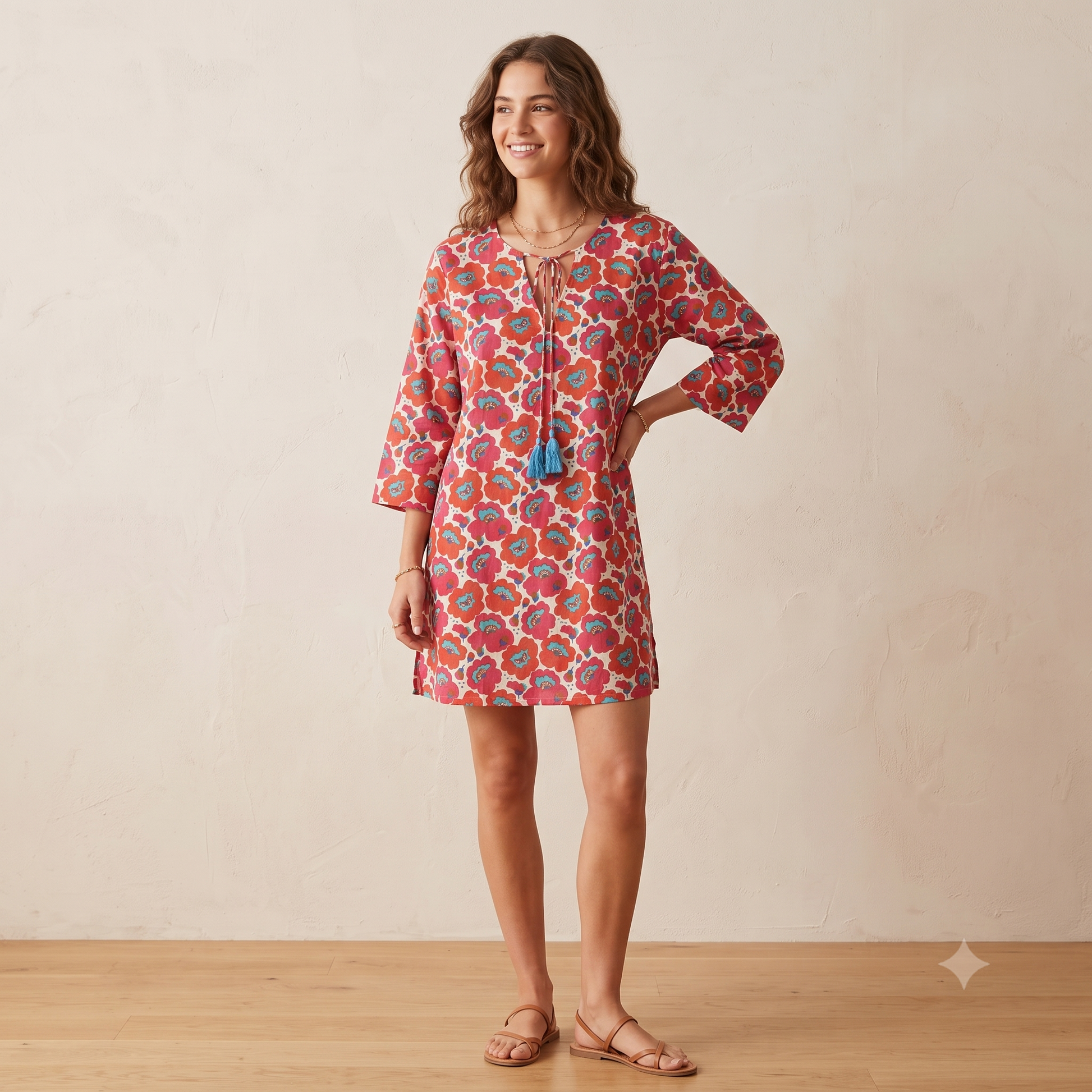 V-Neck Cotton Tunic with String 67145 Pink and Turquoise Poppy