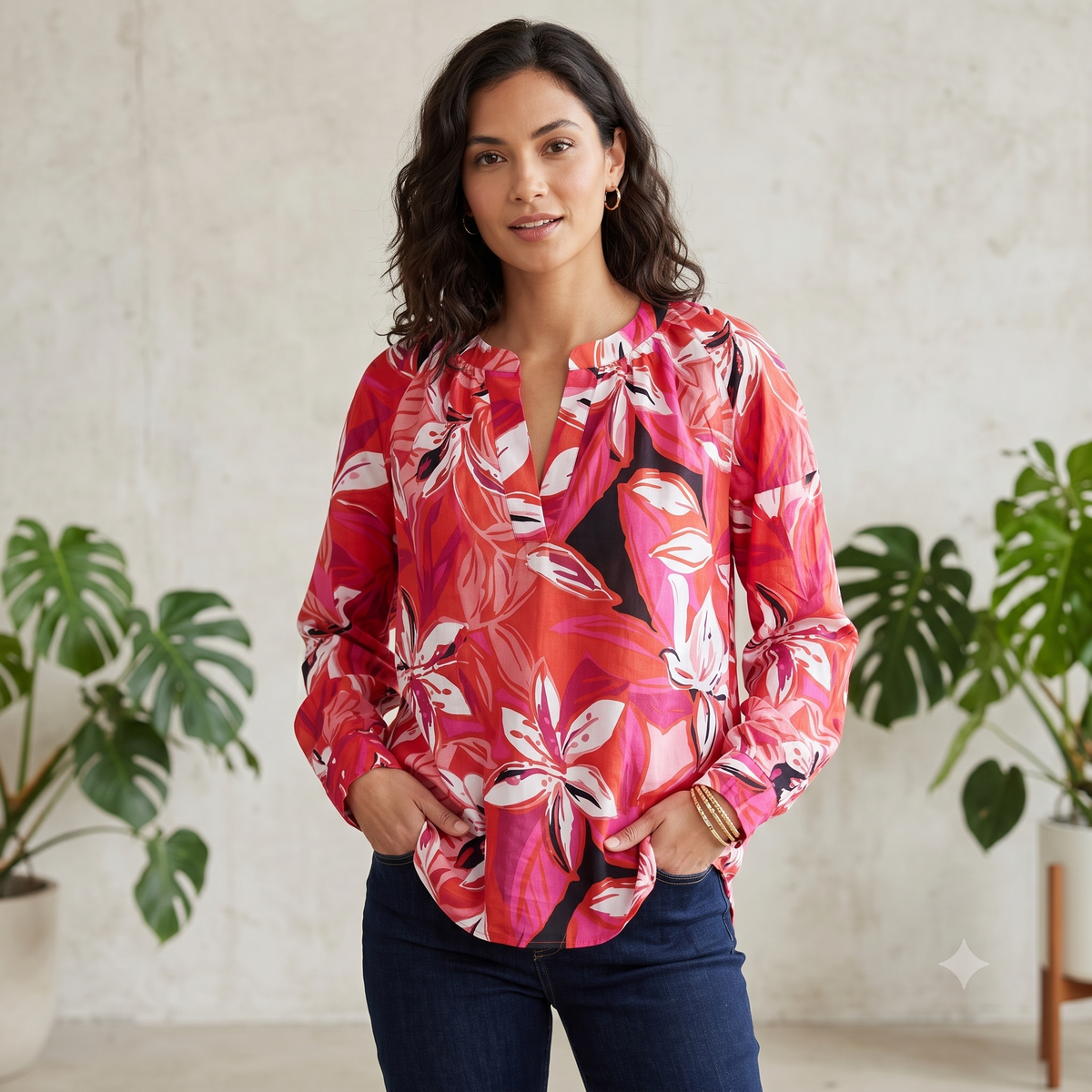 Large Sleeve Cotton Blouse Shirt 64563 Red