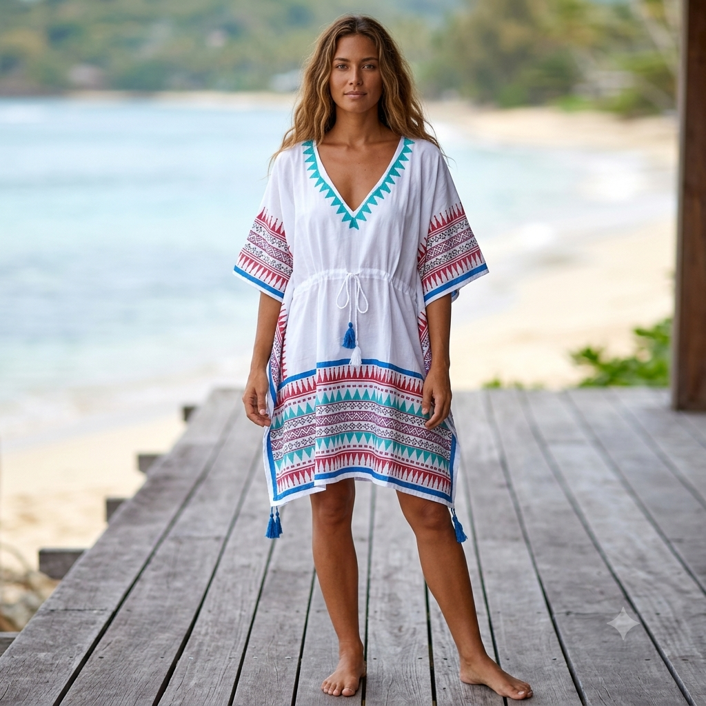 White , red, green and Blue Patterned Kaftan Cp1276k