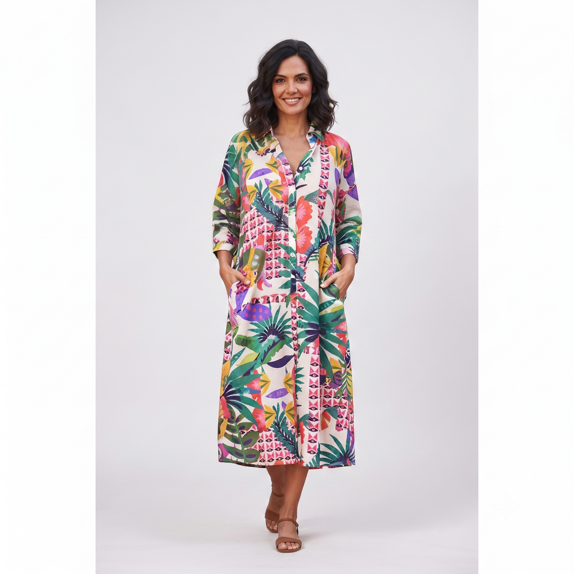PRE-ORDER Mid Length Cotton Shirt Dress - 67918 Multicoloured