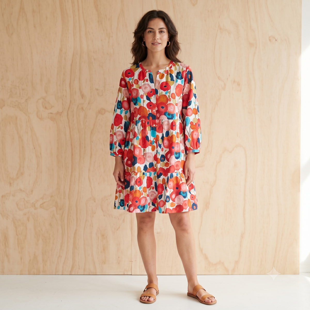 Cotton V-Neck Short Dress 66152 Orange Poppy