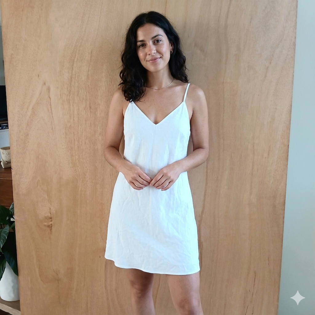 Plain Linen Strap Dress White 64463 Sample