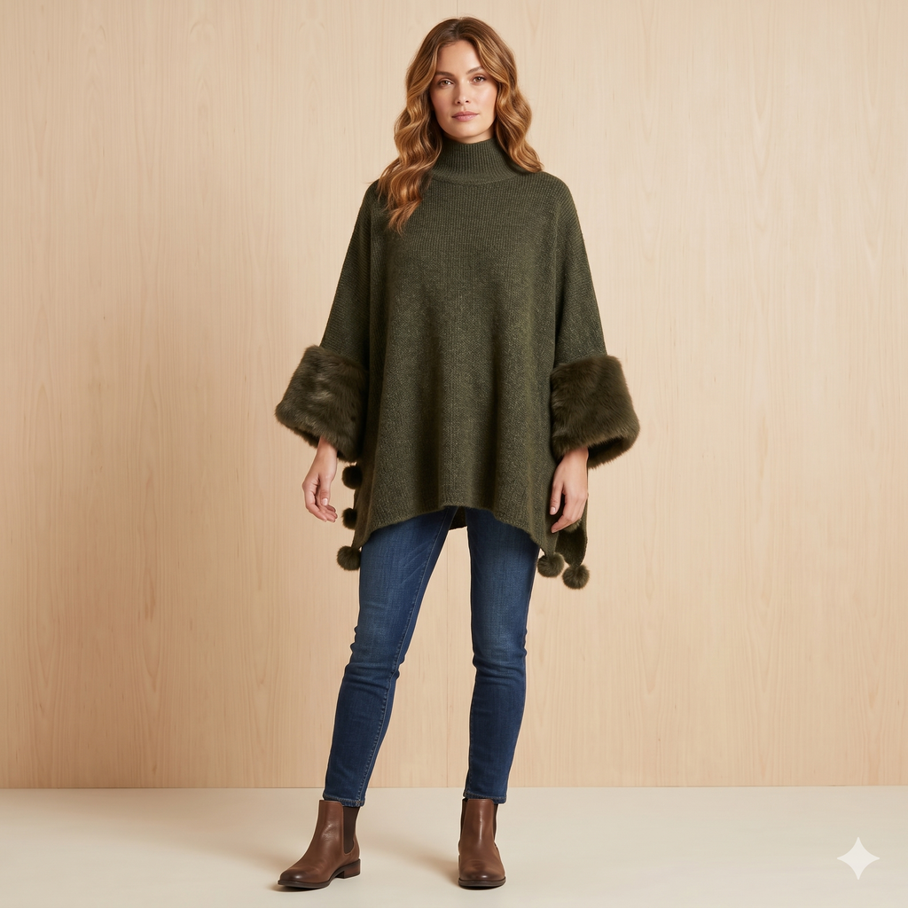 Faux Fur Poncho with Pom Poms 332767