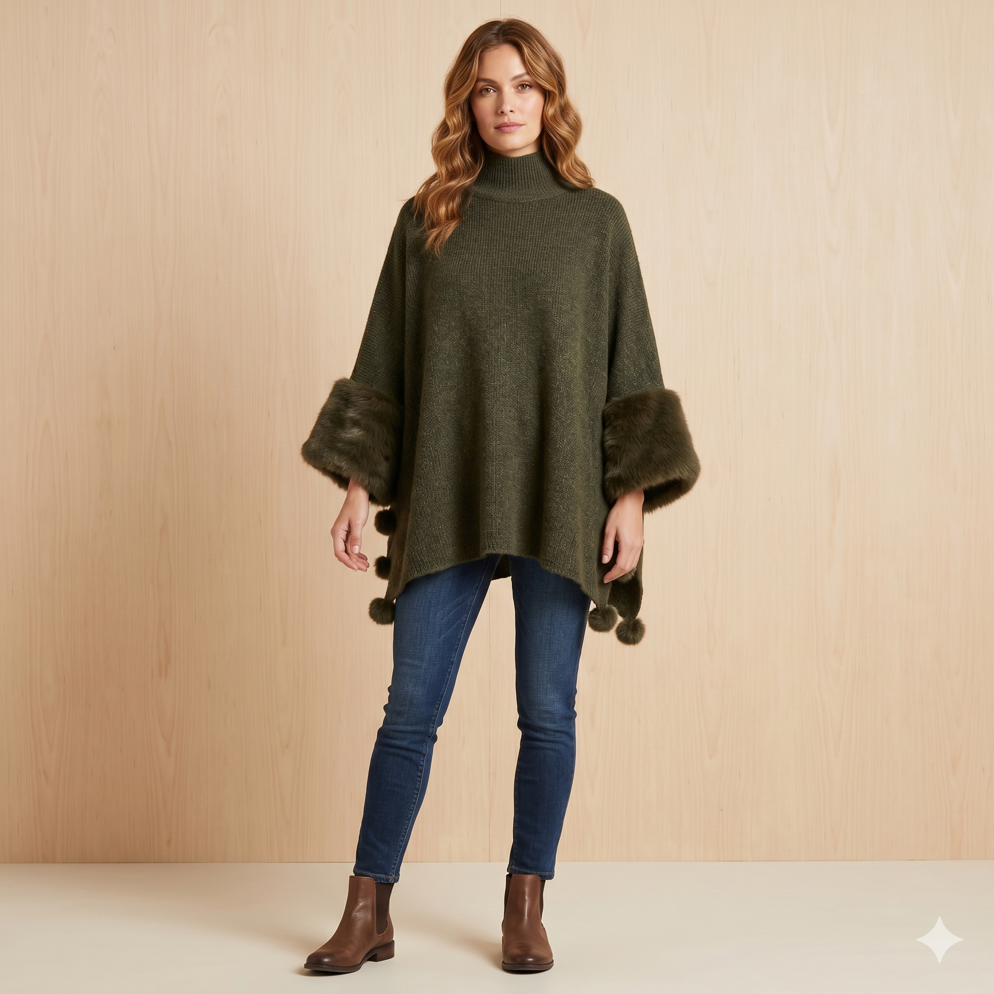 Faux Fur Poncho with Pom Poms 332767