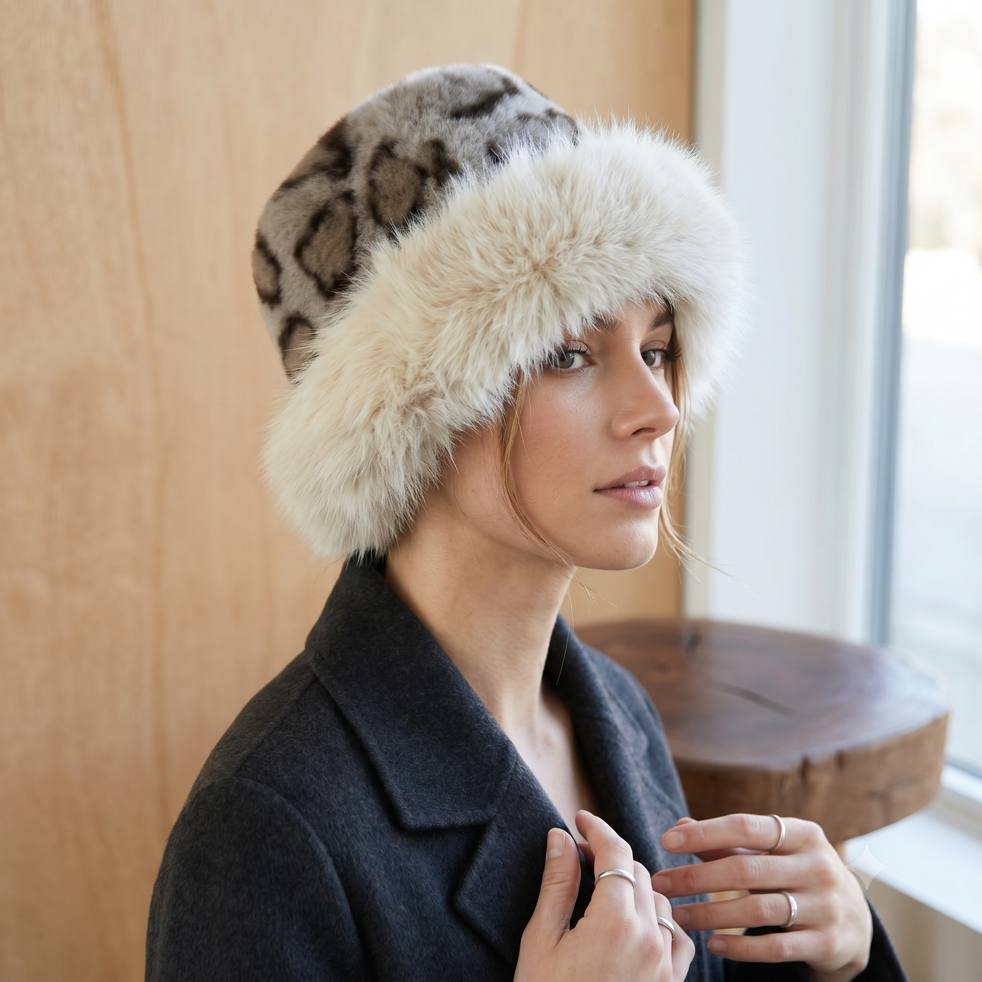 Faux Fur Leopard Bucket Hat with Fur Edge 7527