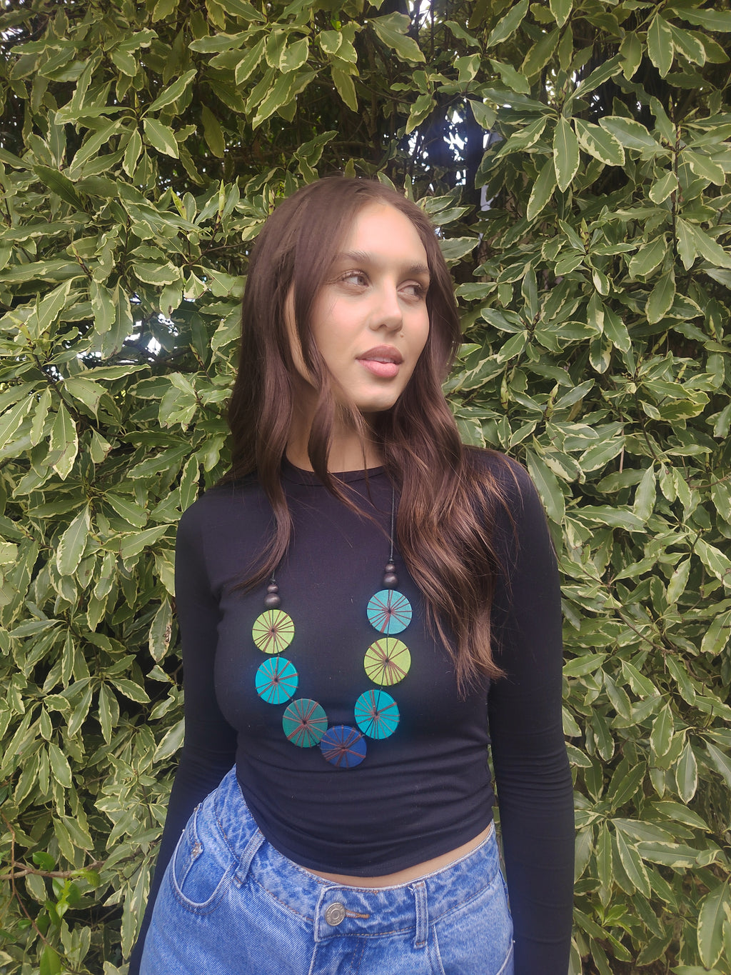 Large Blue Embroidered Wooden Necklace N7-281FCM