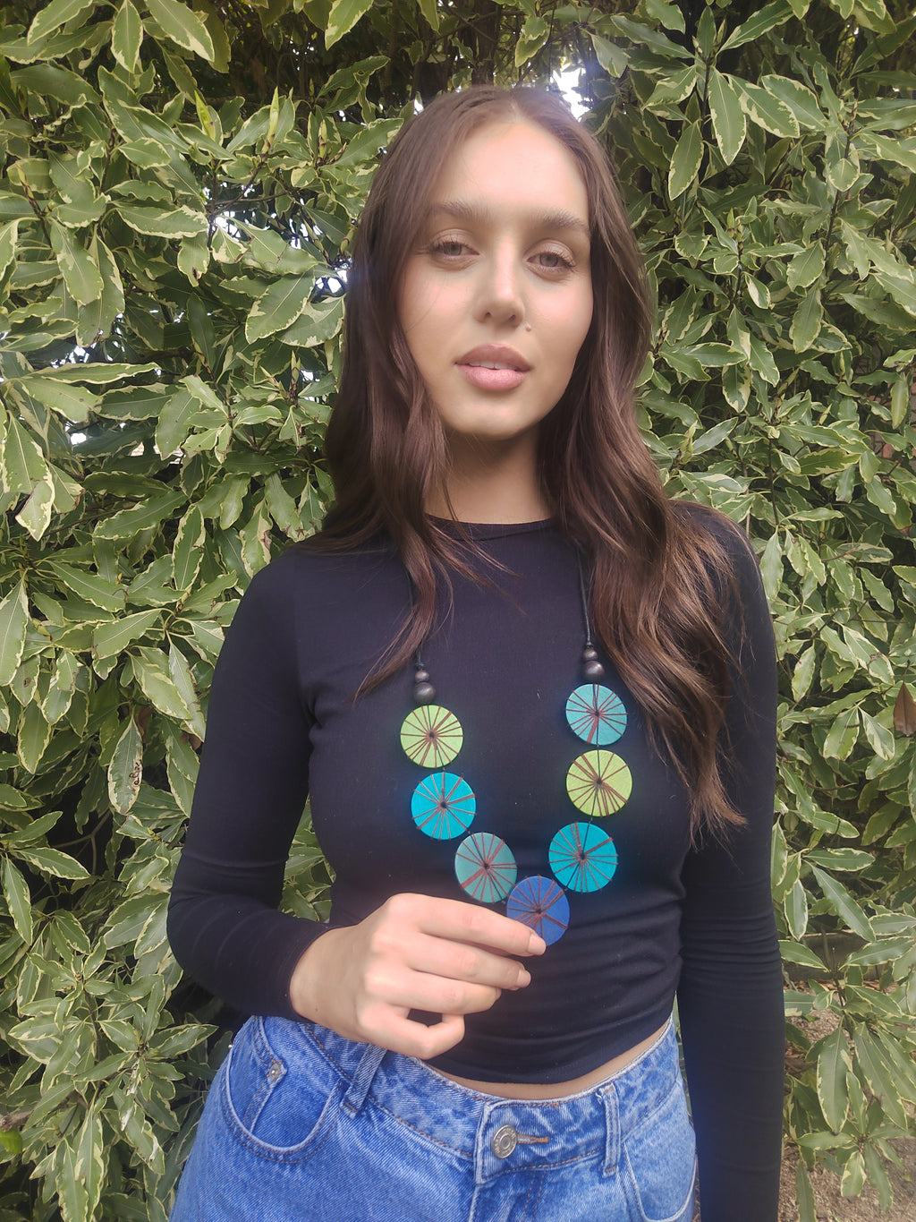 Large Blue Embroidered Wooden Necklace N7-281FCM