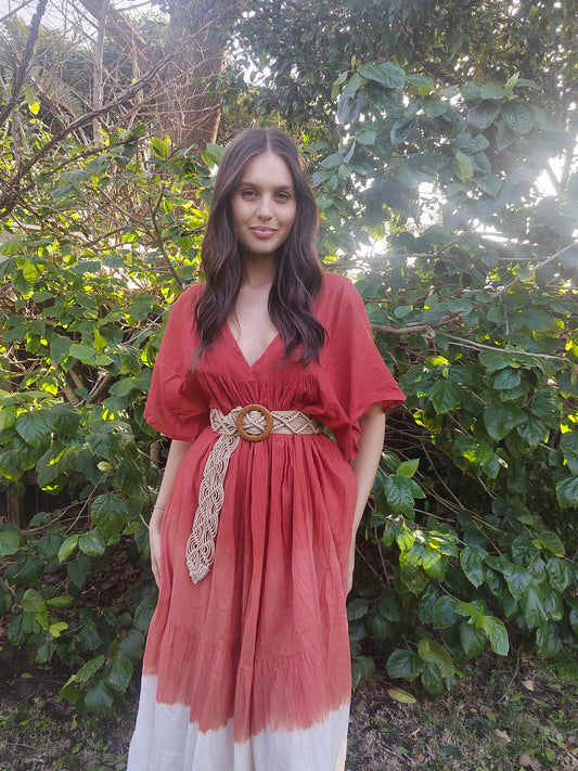 Beige Patterned Belt with Brown Buckle