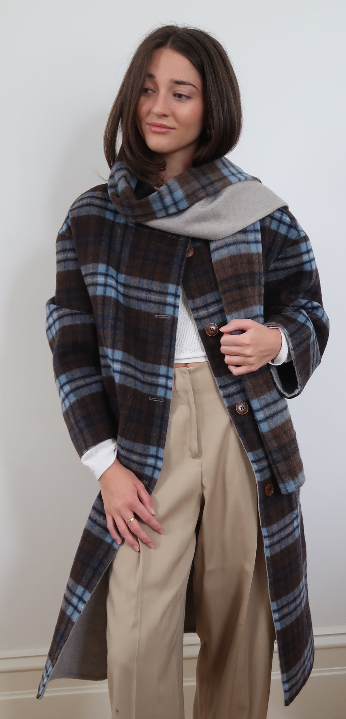 Built in Scarf Check Coat - Blue SM003