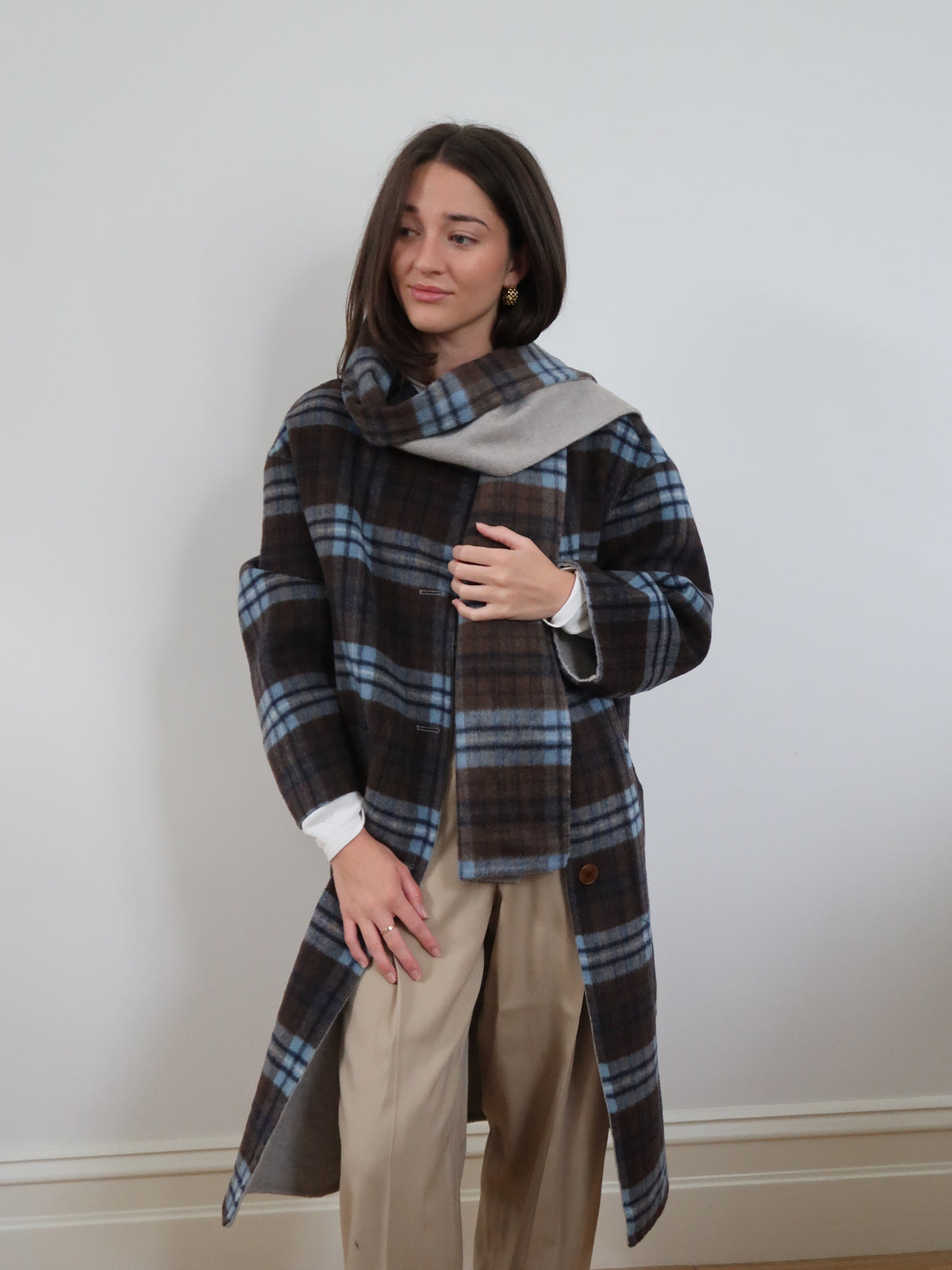 Built in Scarf Check Coat - Blue SM003