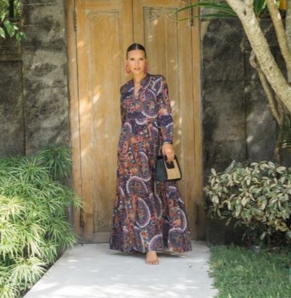 Long Printed Cotton Dress - Bleu Fonce 65955