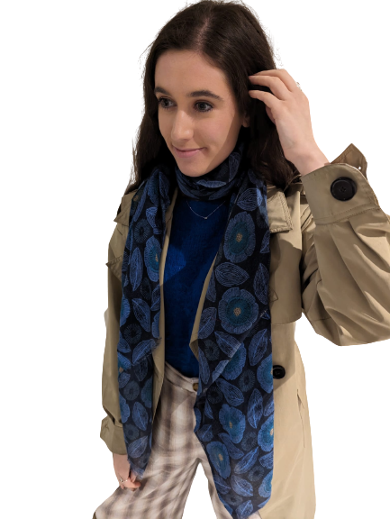 Wool Silk Mix Scarf - Blue and Black
