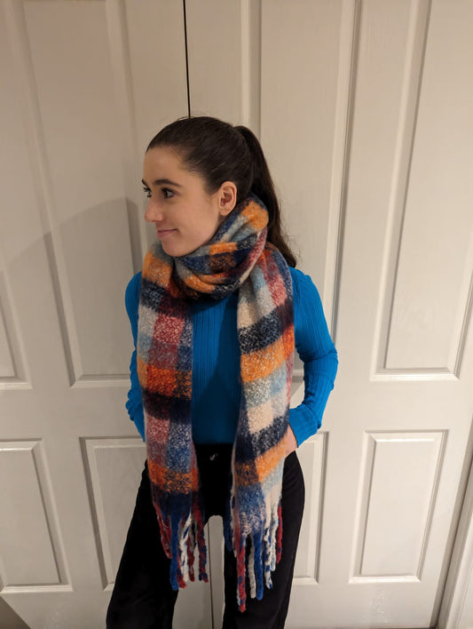 Soft Blanket Scarf - navy,orange, red mix