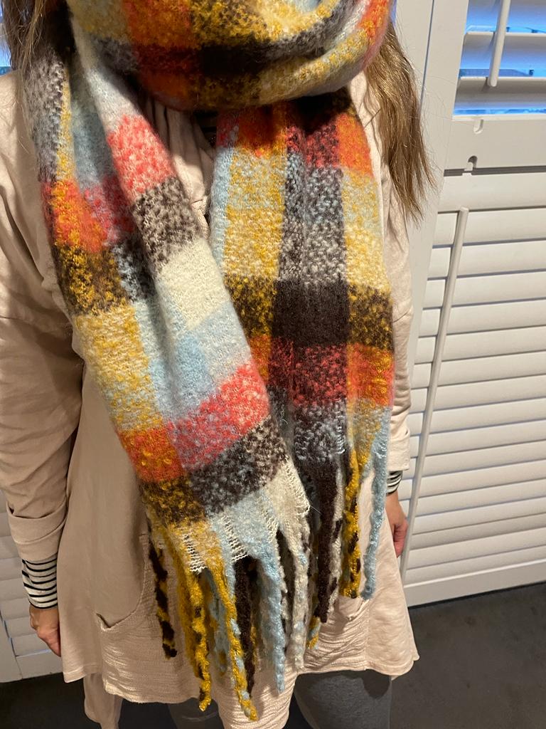 Soft Blanket Scarf - Pale Blue and Red Mix