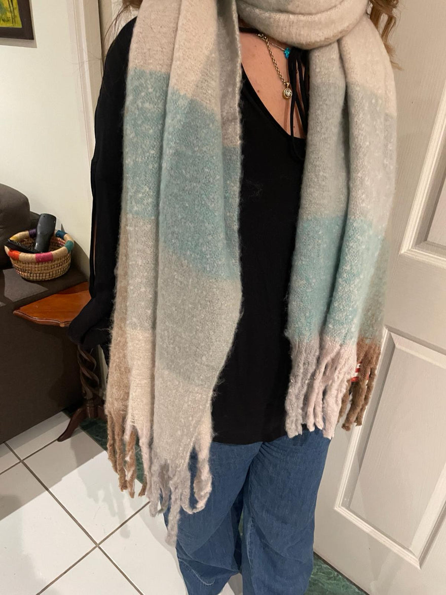 Warm Winter Scarf - Mint Green and Camel