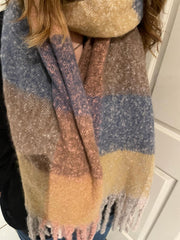 Warm Winter Scarf - Blue, Camel and Pink