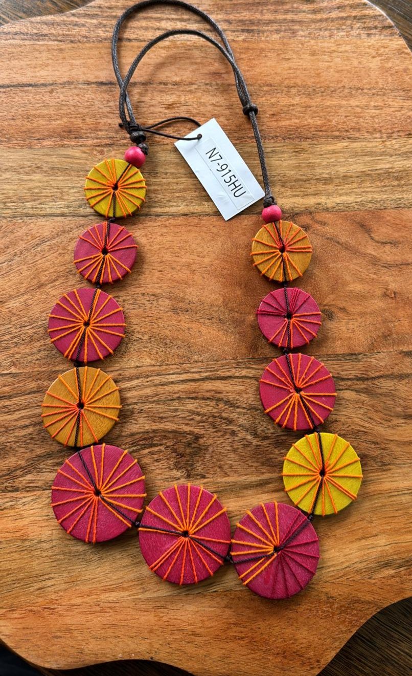 Embroidered Wooden Circles Beads N7-915
