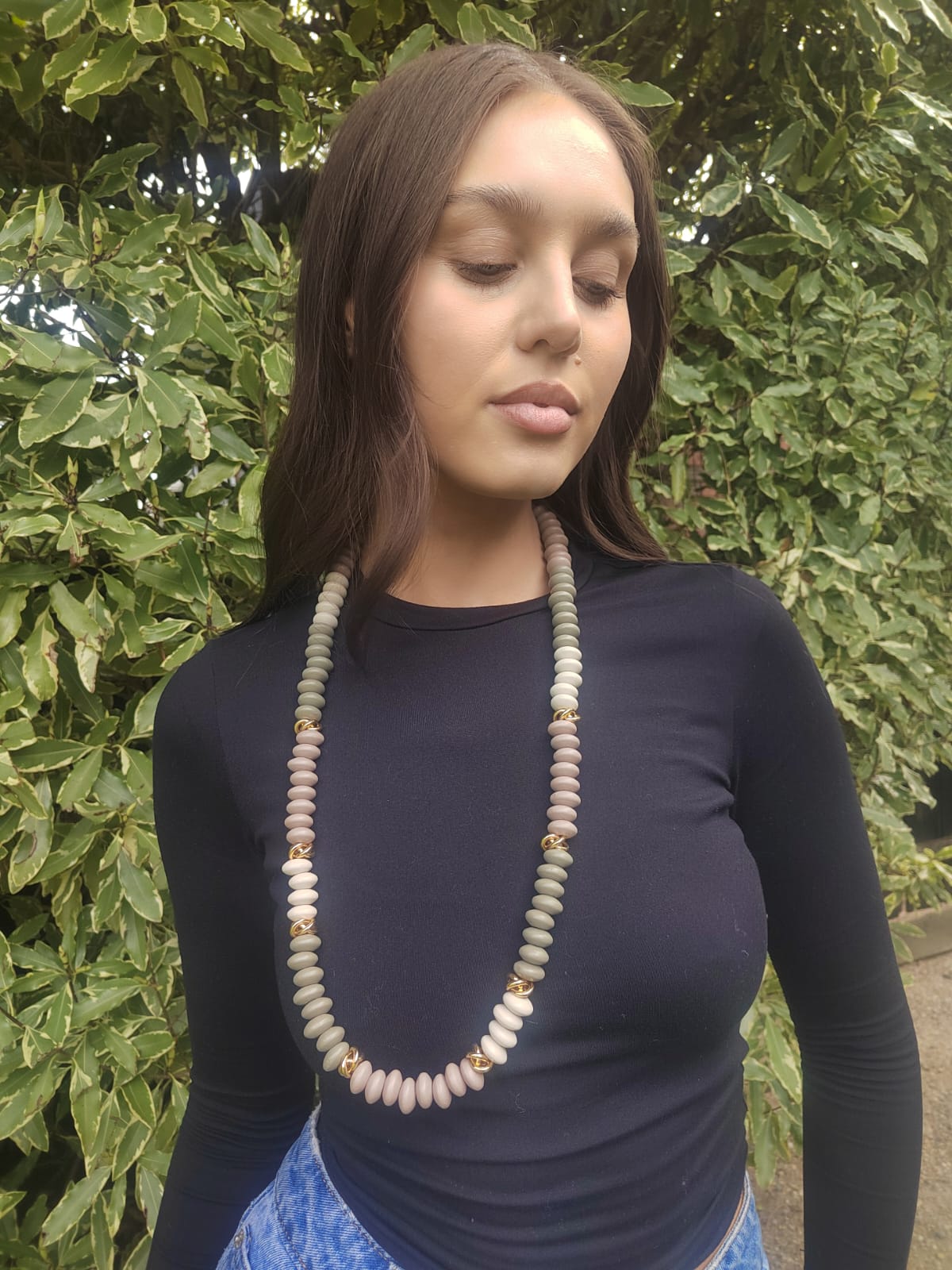 Charcoal Wooden Beaded Necklace and Gold - 23-0781N