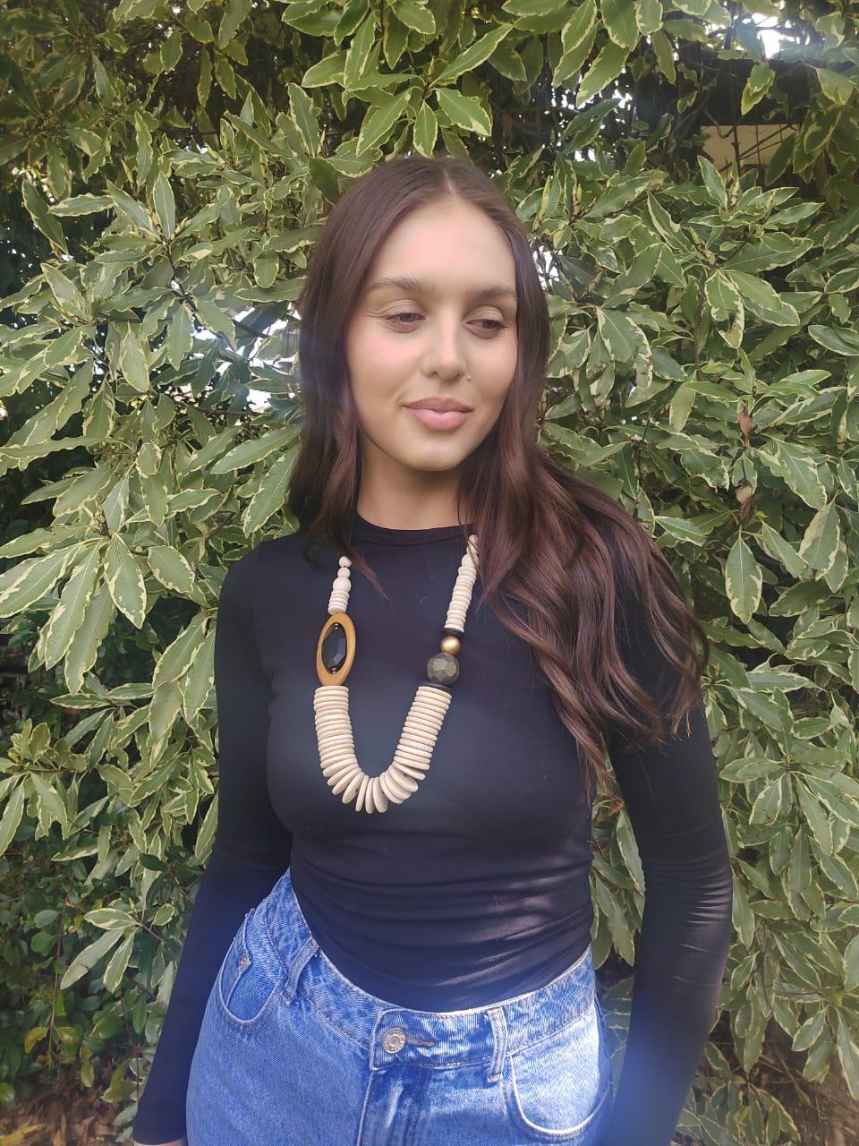 Chunky Layered Wooden Pieces Necklace N7-1023