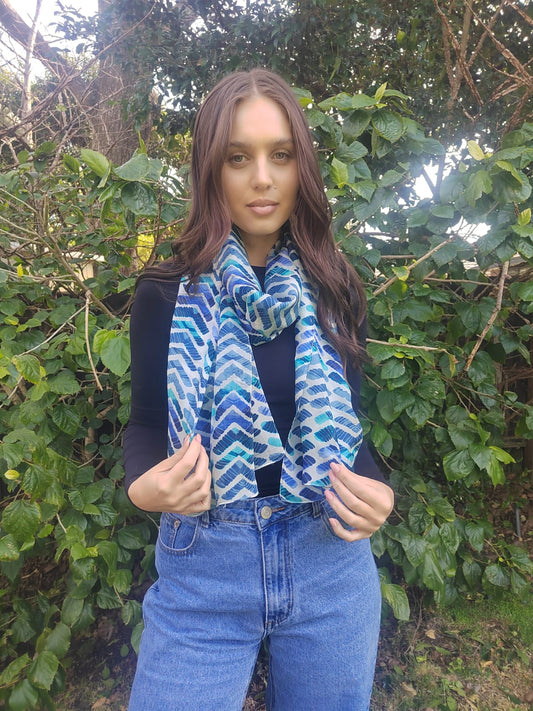 Blue Toned Triangle patterned silk scarf