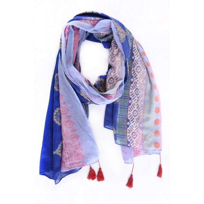 Block Print Cotton scarf with tassels - Bleu Fonce
