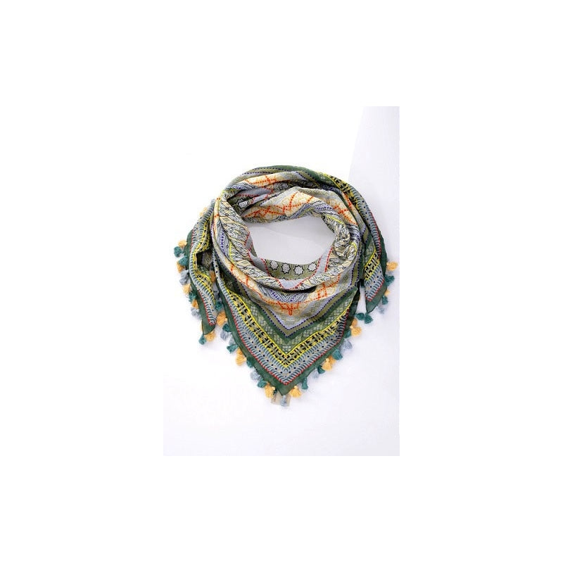 PRE-ORDER Cotton Square Embroidered Scarf with Pompom 46209