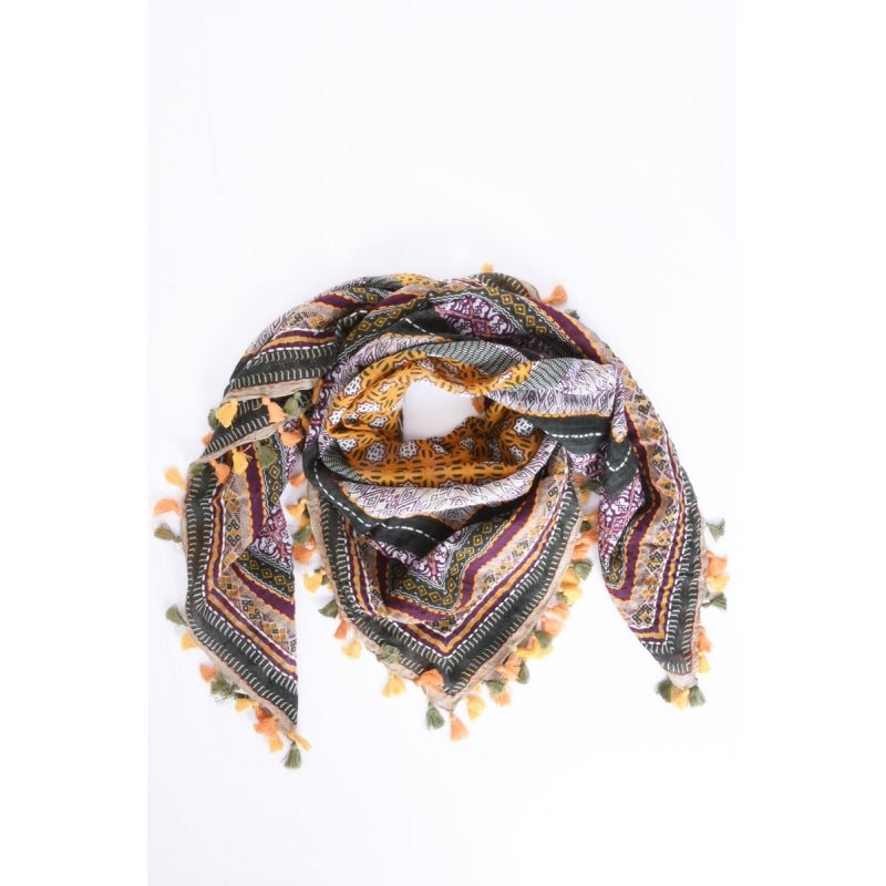 PRE-ORDER Cotton Square Embroidered Scarf with Pompom 46209