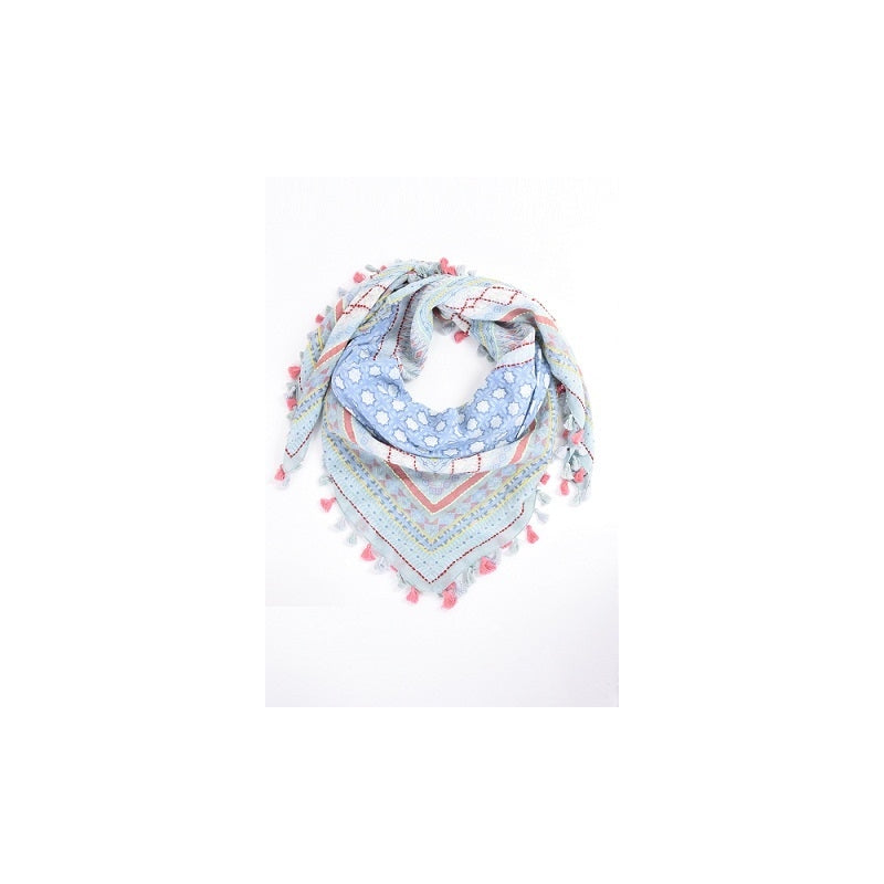 Cotton Square Embroidered Scarf with Pompom 46209