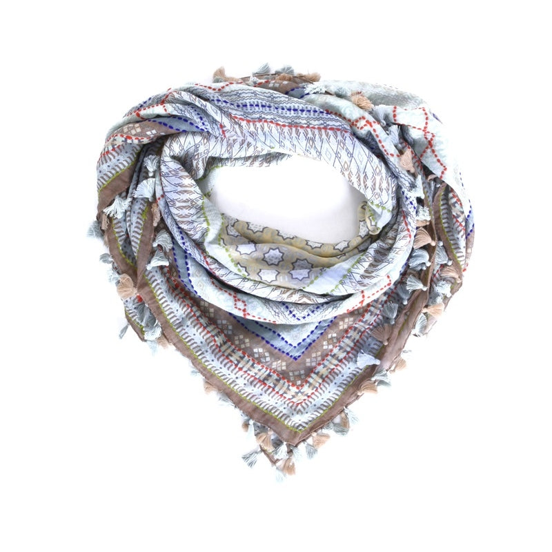 PRE-ORDER Cotton Square Embroidered Scarf with Pompom 46209