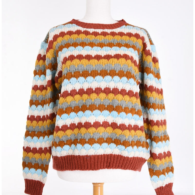 Striped Crochet Sweater-Marron Fonce