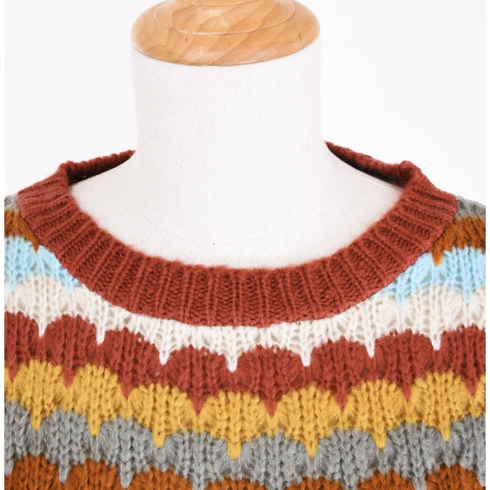 Striped Crochet Sweater-Marron Fonce