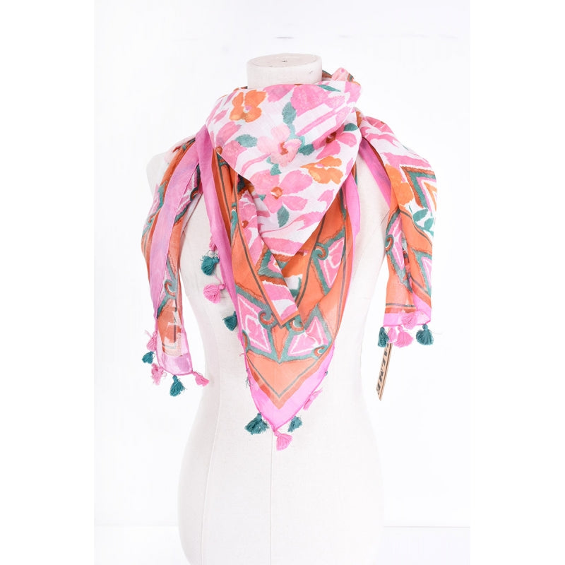 Flowery Cotton Scarf with Tassels 66019