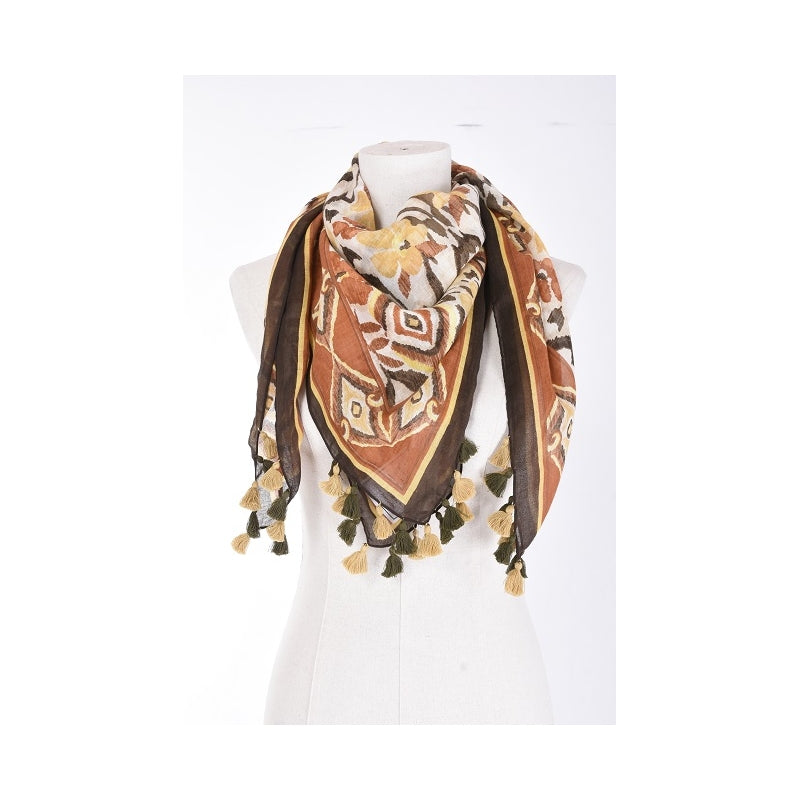 Flowery Cotton Scarf with Tassels 66019