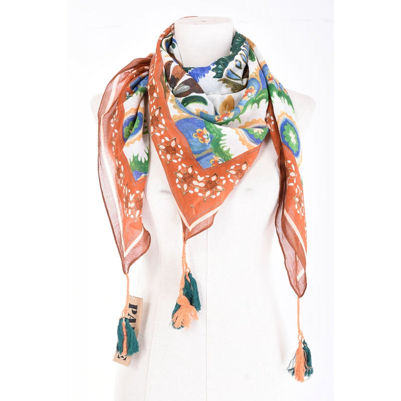 PRE-ORDER Folk Printed Square Cotton Scarf with Tassels 65530