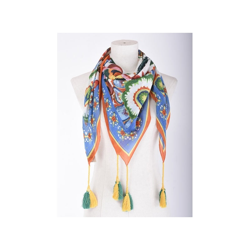 PRE-ORDER Folk Printed Square Cotton Scarf with Tassels 65530